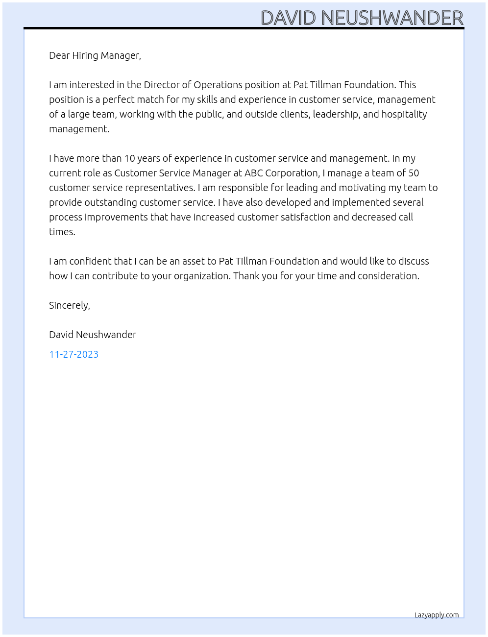 Director of Operations At Pat Tillman Foundation Cover Letter