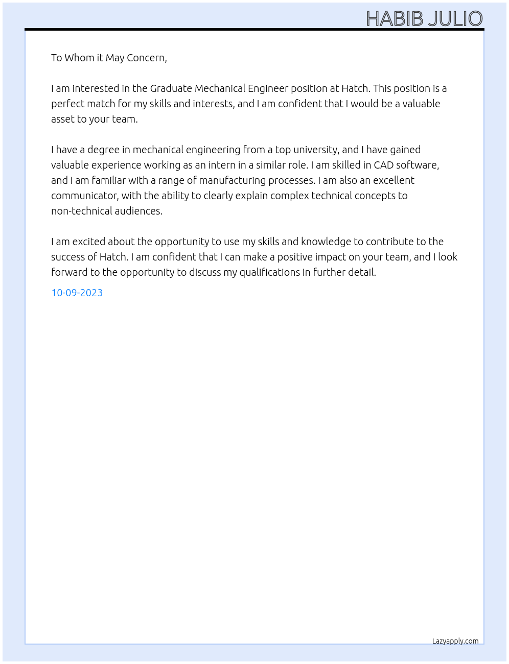 Graduate Mechanical Engineer At Hatch Cover Letter