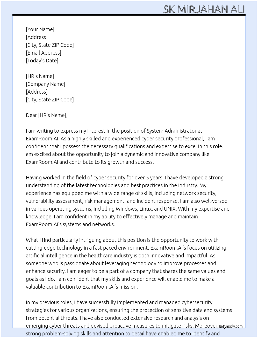 System Administrator At ExamRoom.AI Cover Letter