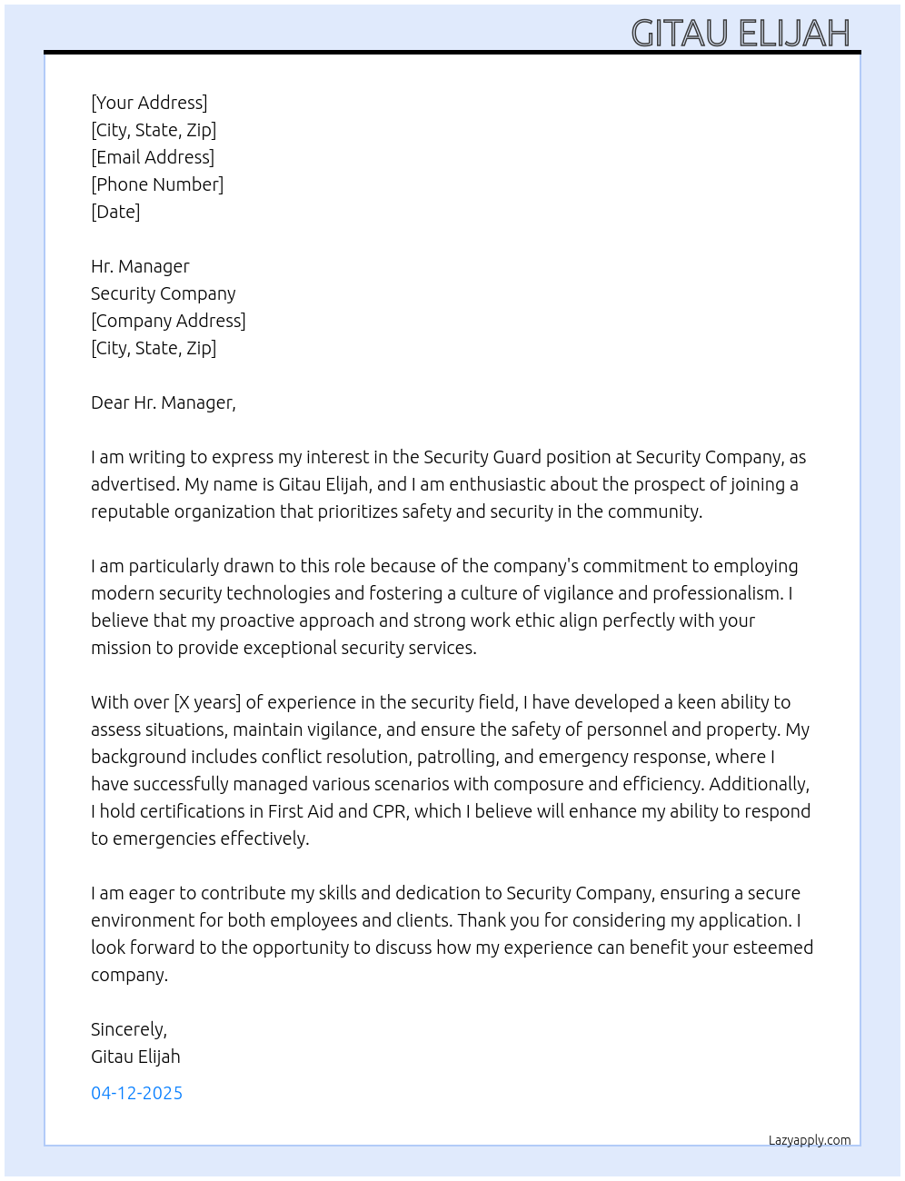 Security Guard At Security company Cover Letter