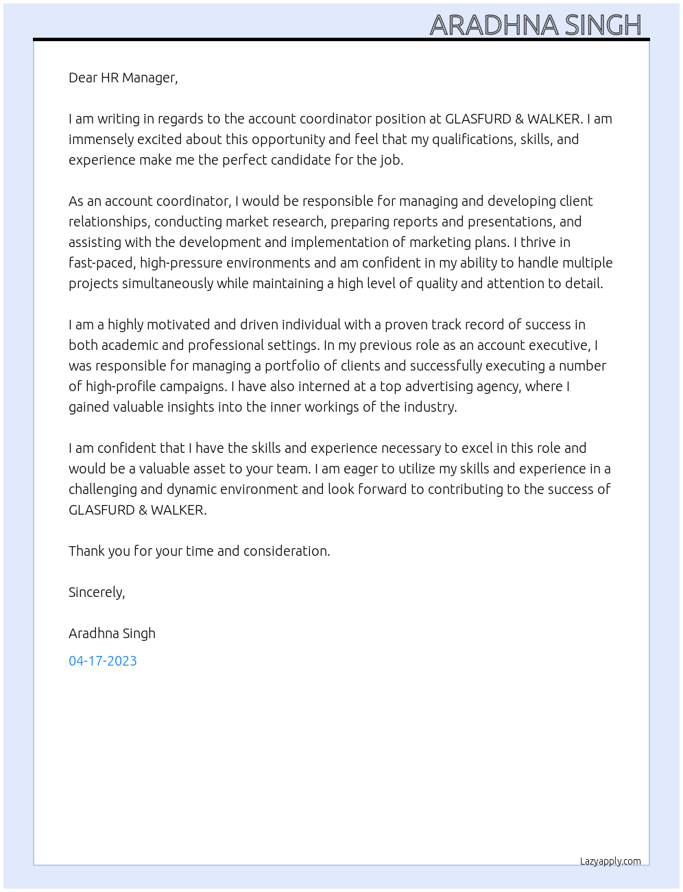 account coordinator At GLASFURD & WALKER Cover Letter