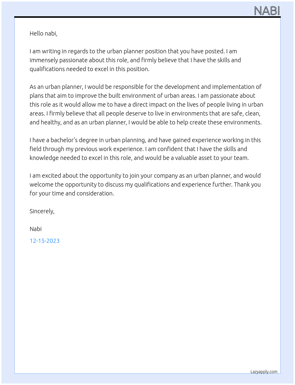 Urban Planner At nabi Cover Letter