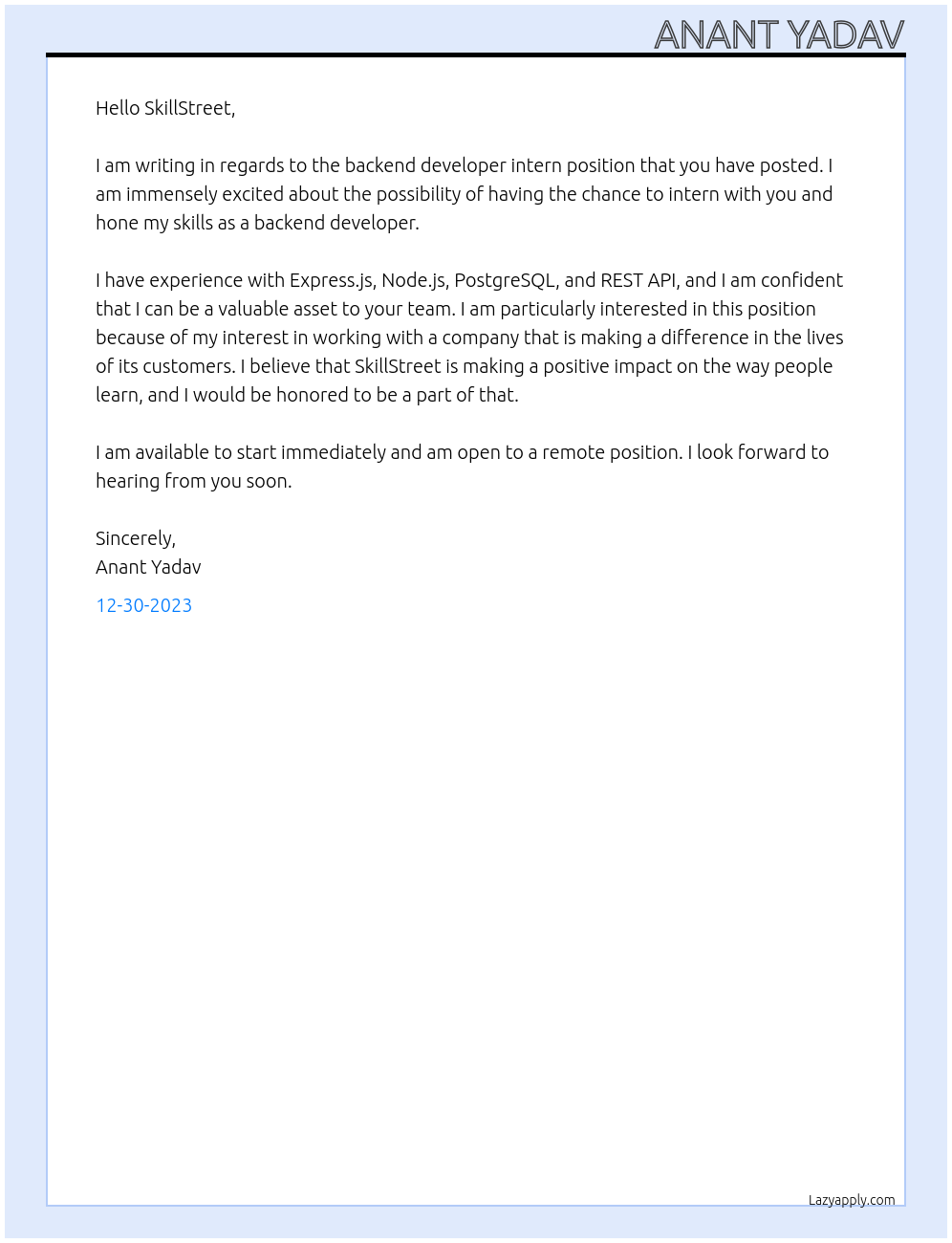 Backend Developer Intern At SkillStreet Cover Letter