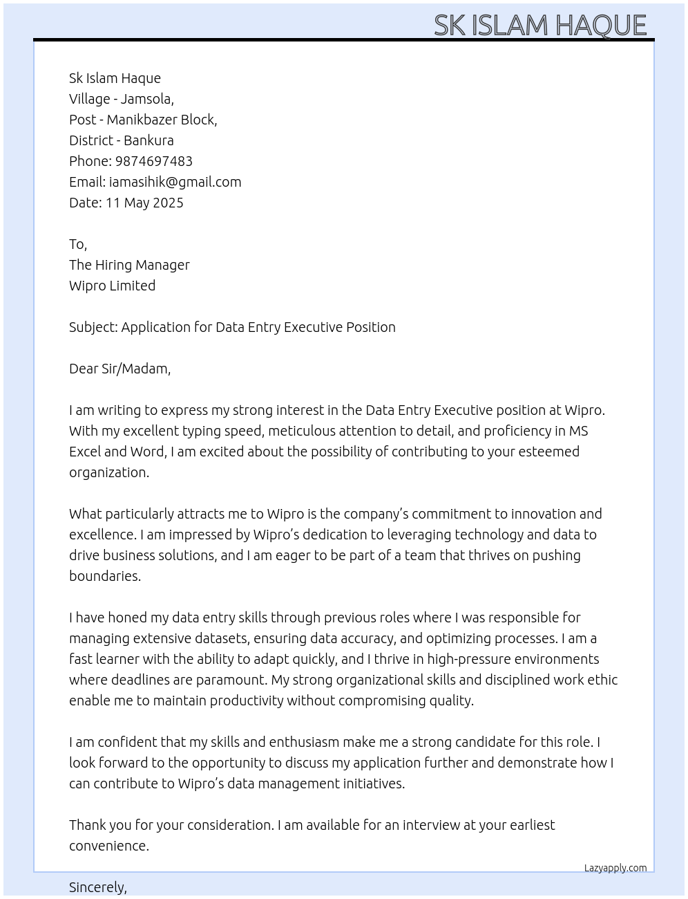 Data Entry At Wipro Cover Letter