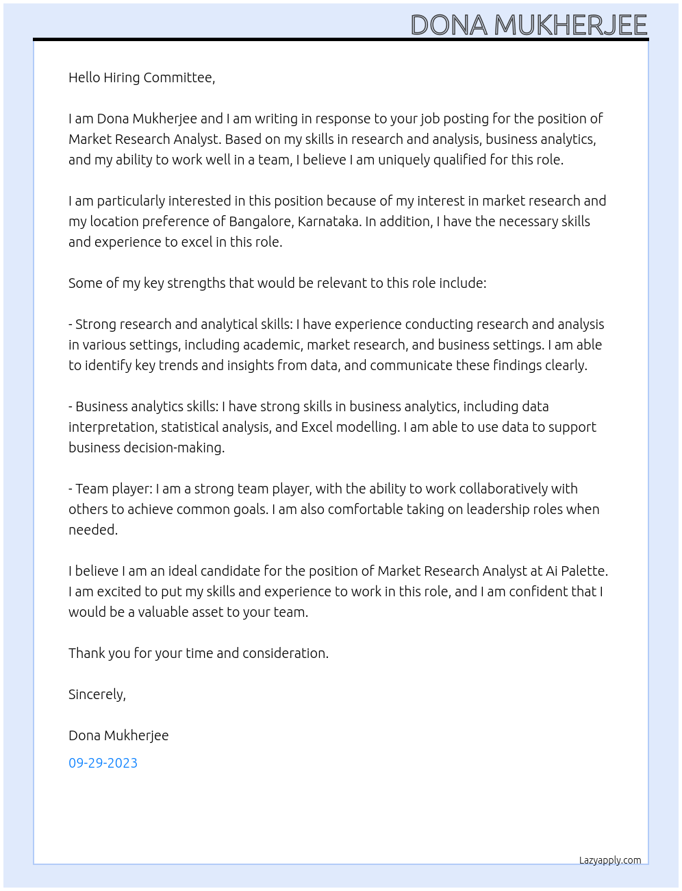 Market Research Analyst At Ai Palette Cover Letter