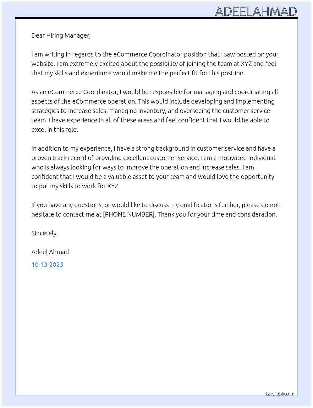 ecommerce coordinator At xyz Cover Letter