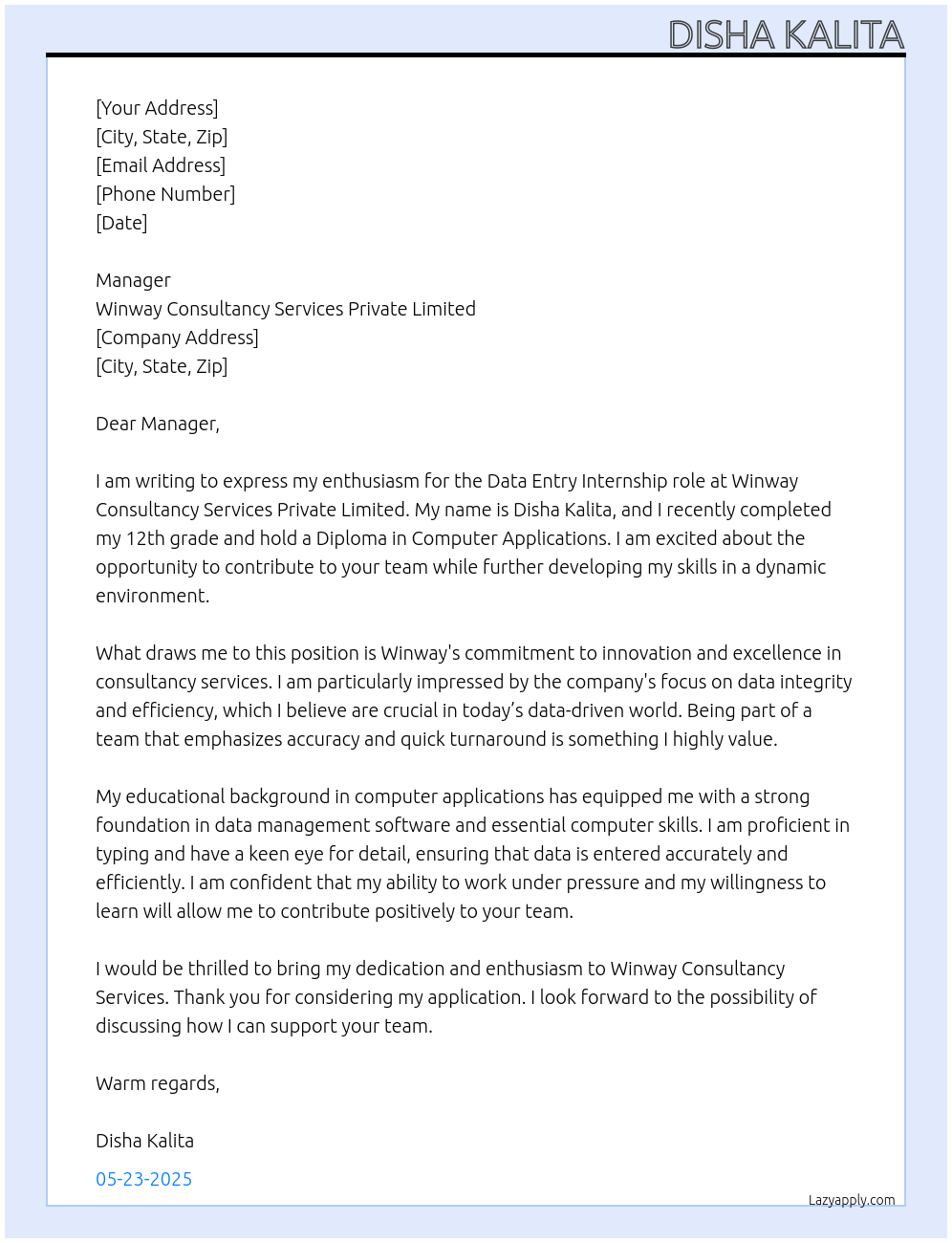 Data entry At Winway consultancy services private limited Cover Letter