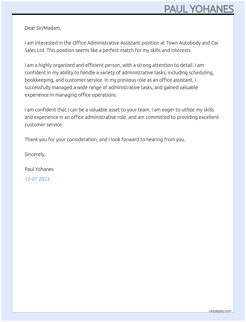 Office administrative assistant At Town Autobody and Car Sales ltd Cover Letter