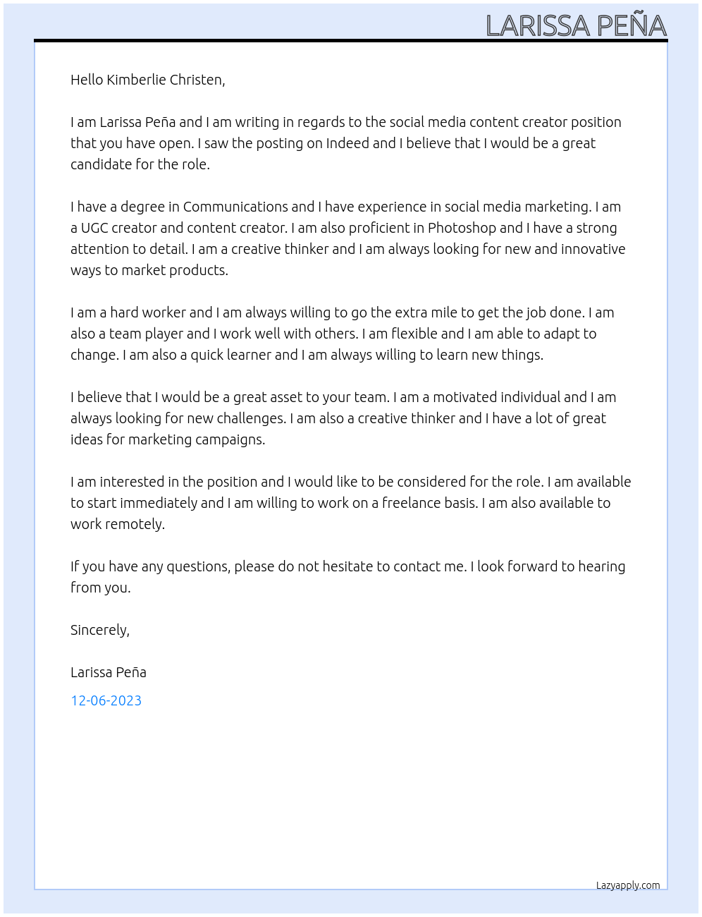 Social media content creator  At Protein campaign  Cover Letter