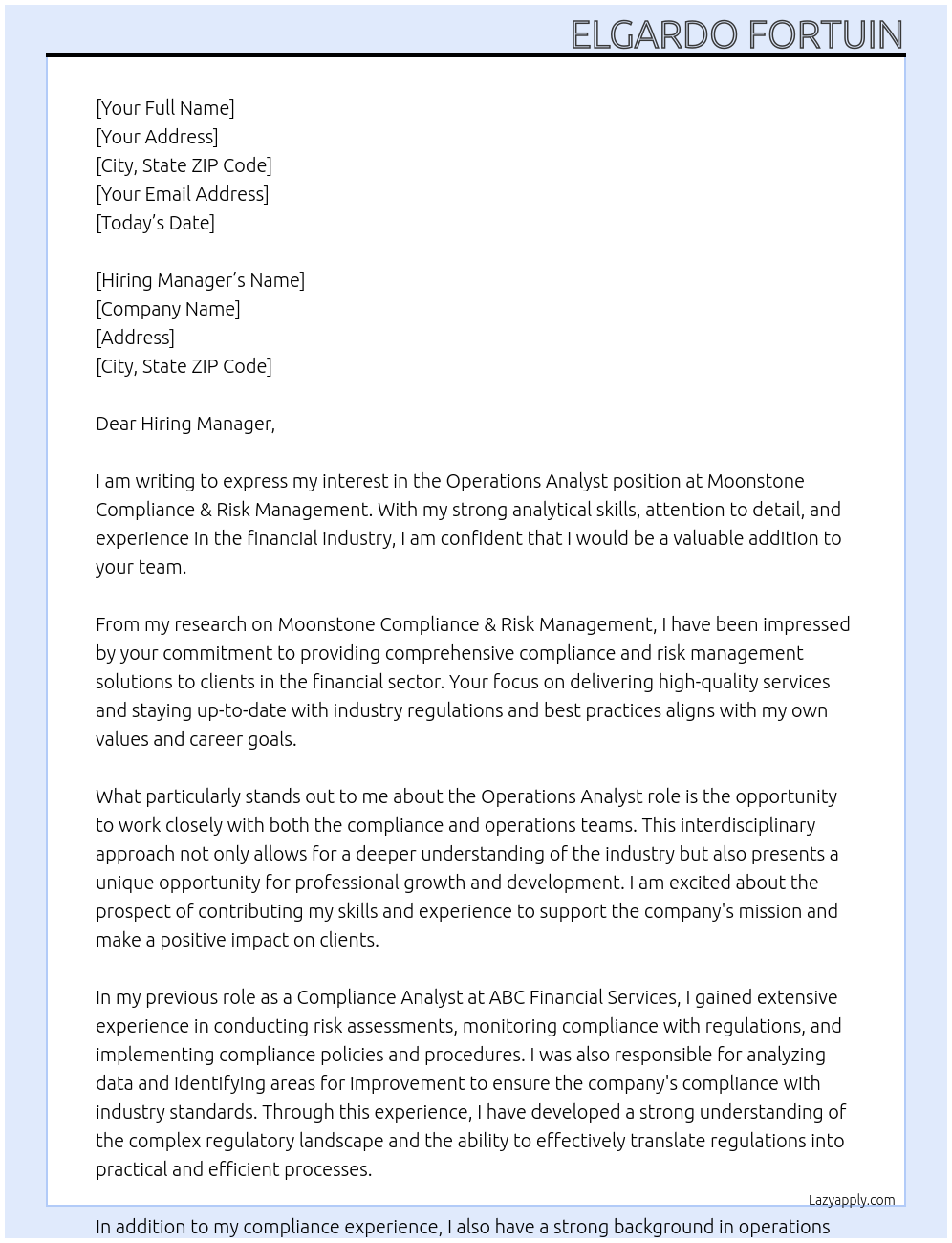 Operations Analyst At Moonstone Compliance & Risk Management Cover Letter