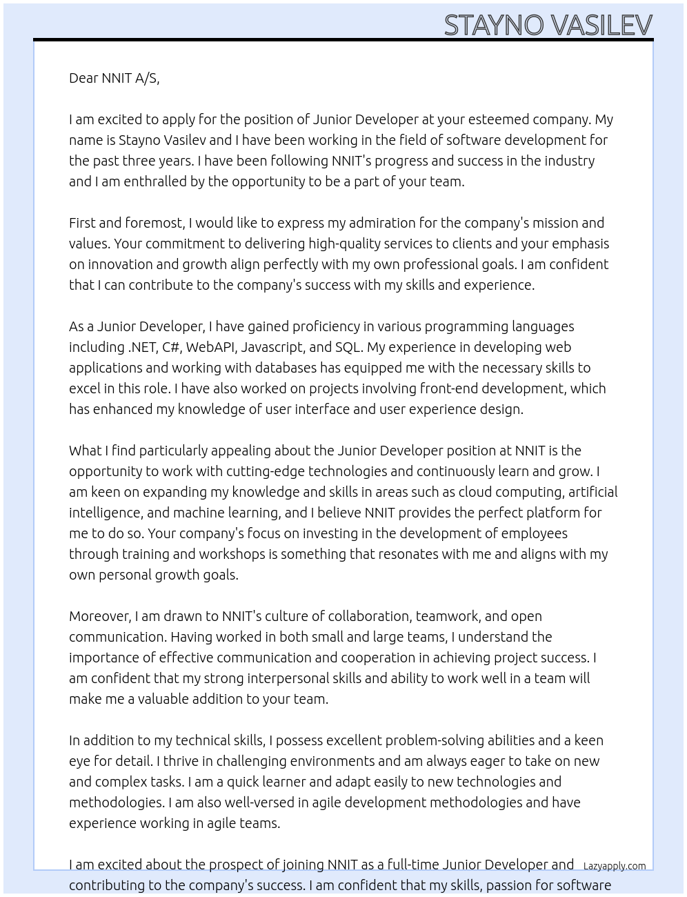 Junior Developer At NNIT A/S Cover Letter