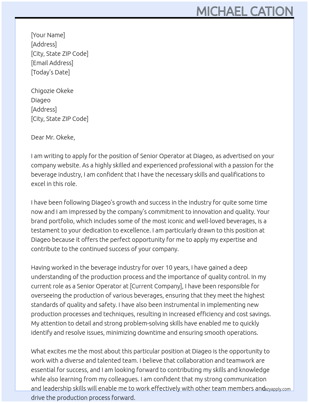 senior operator At diageo Cover Letter