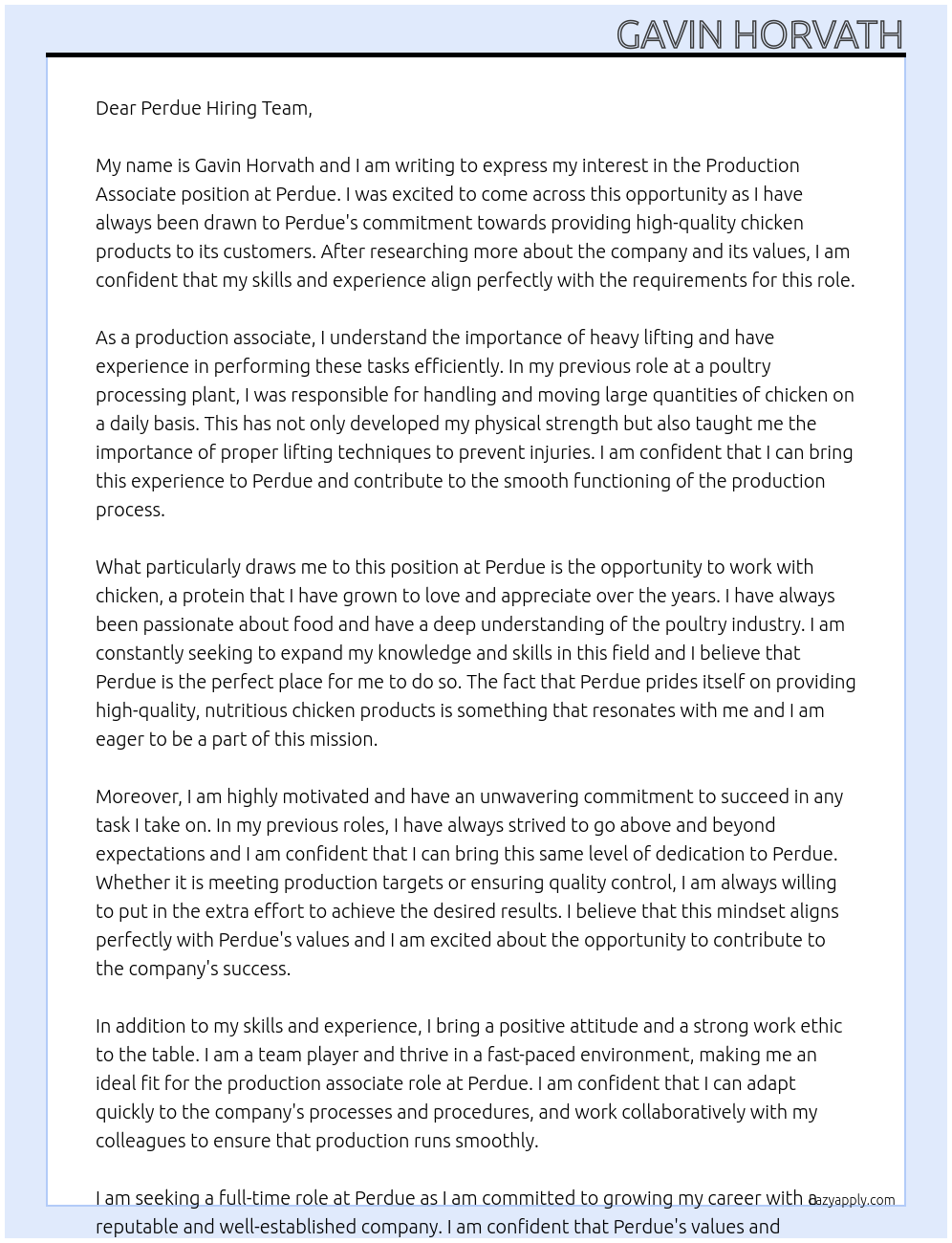 Production associate At Perdue Cover Letter
