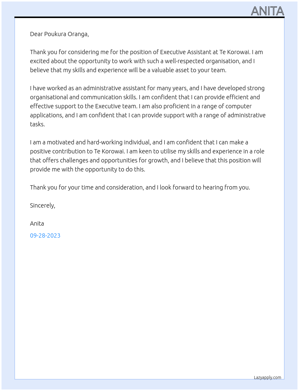 executive assitant At te korowai Cover Letter