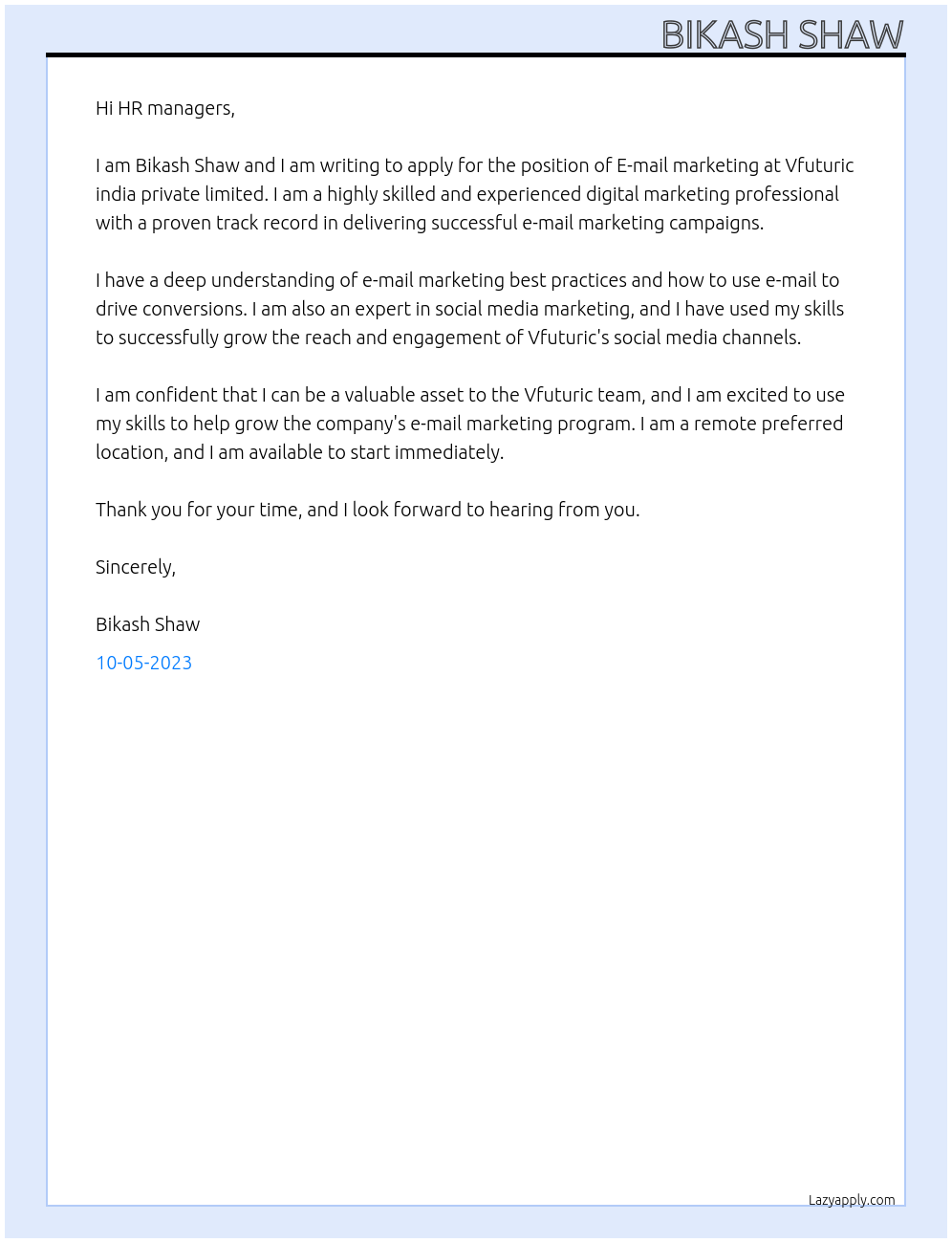 E-mail marketing At Vfuturic india private limited Cover Letter