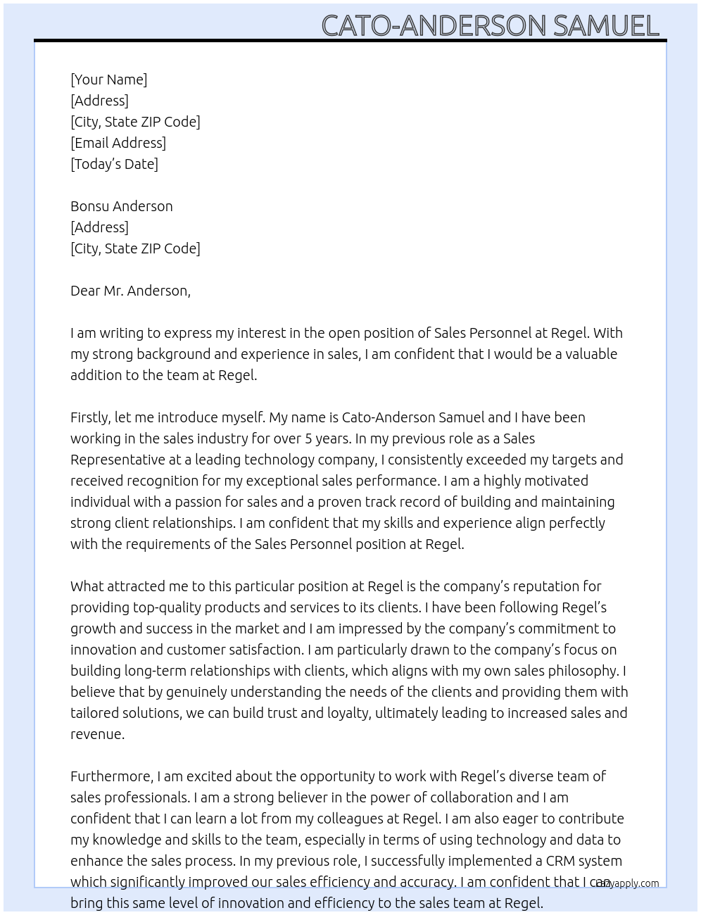 Sales personnel At Regel Cover Letter