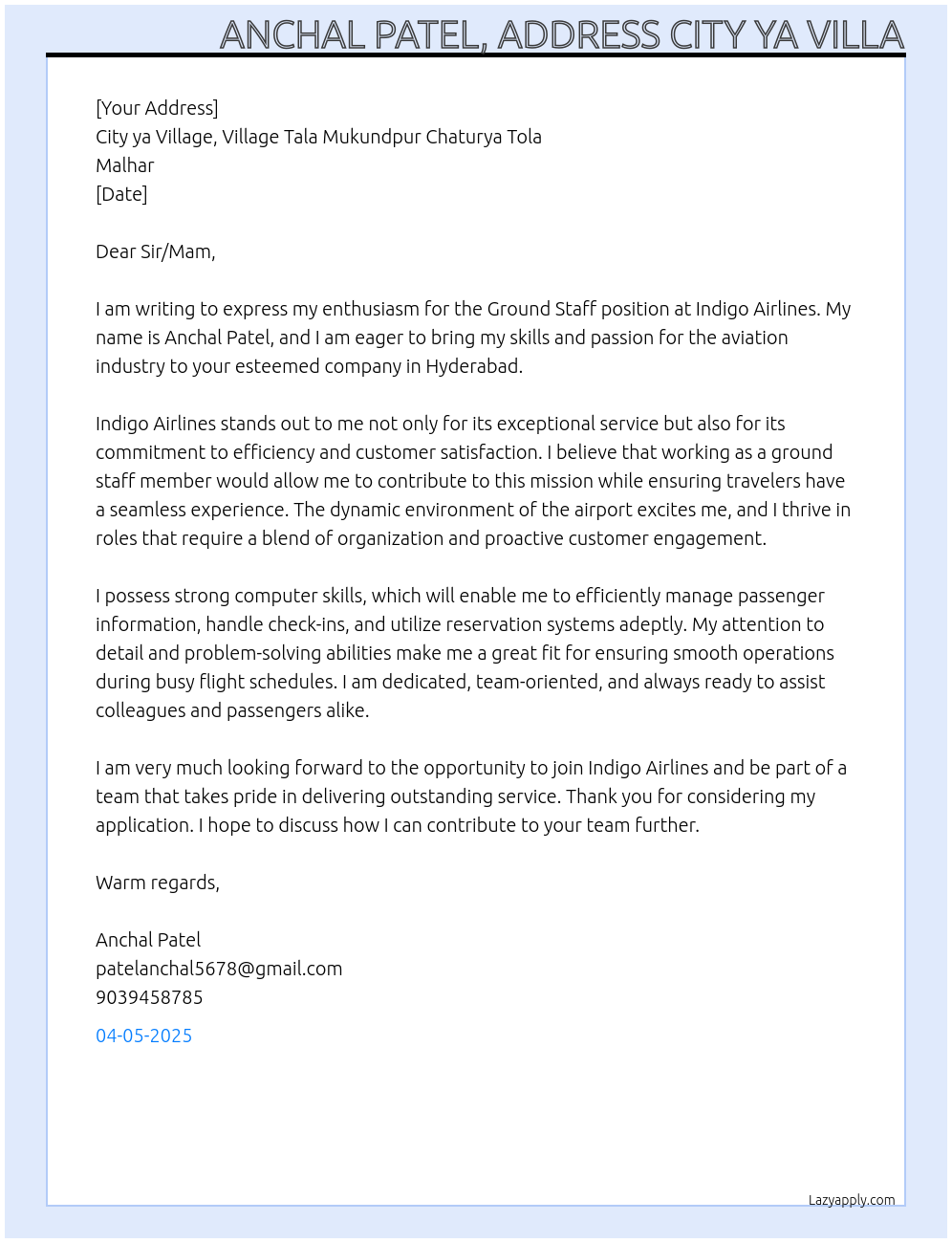 Indigo airlines ground staff At Indigo airline Cover Letter