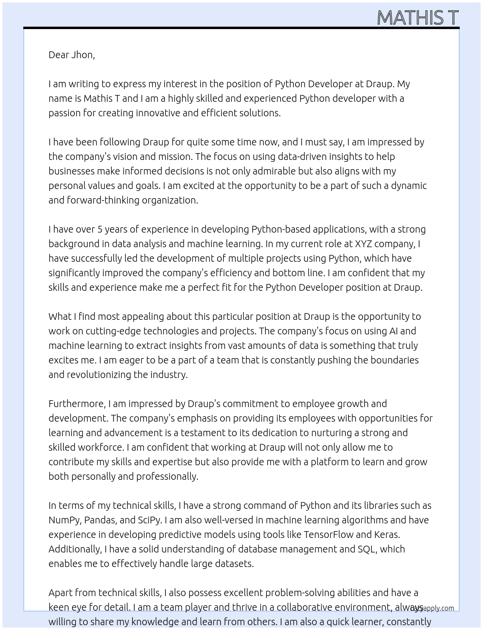 Python Developer At Draup Cover Letter