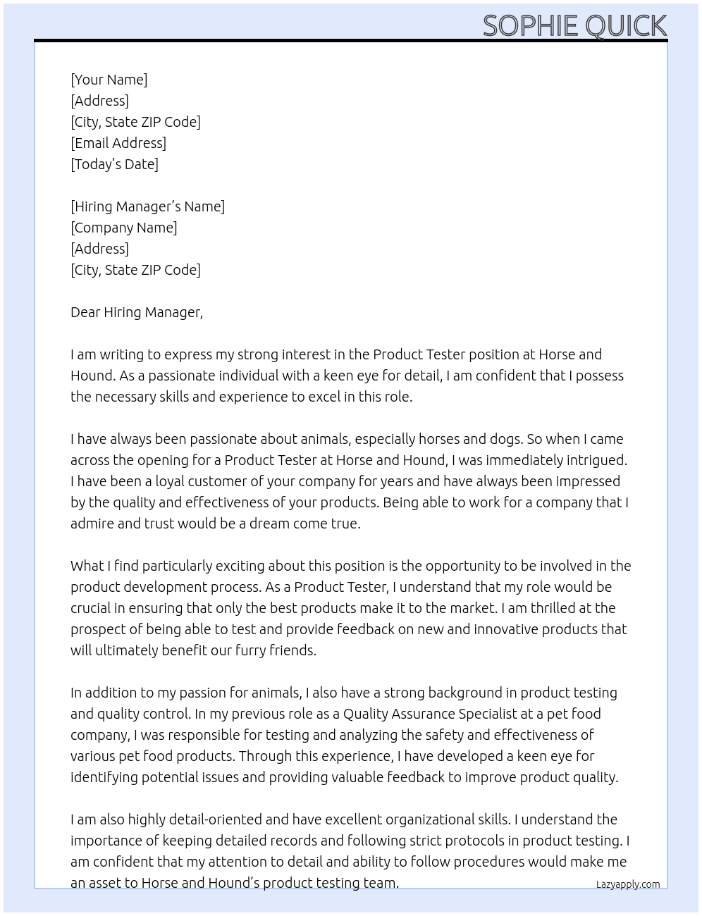 Product tester At Horse and hound Cover Letter