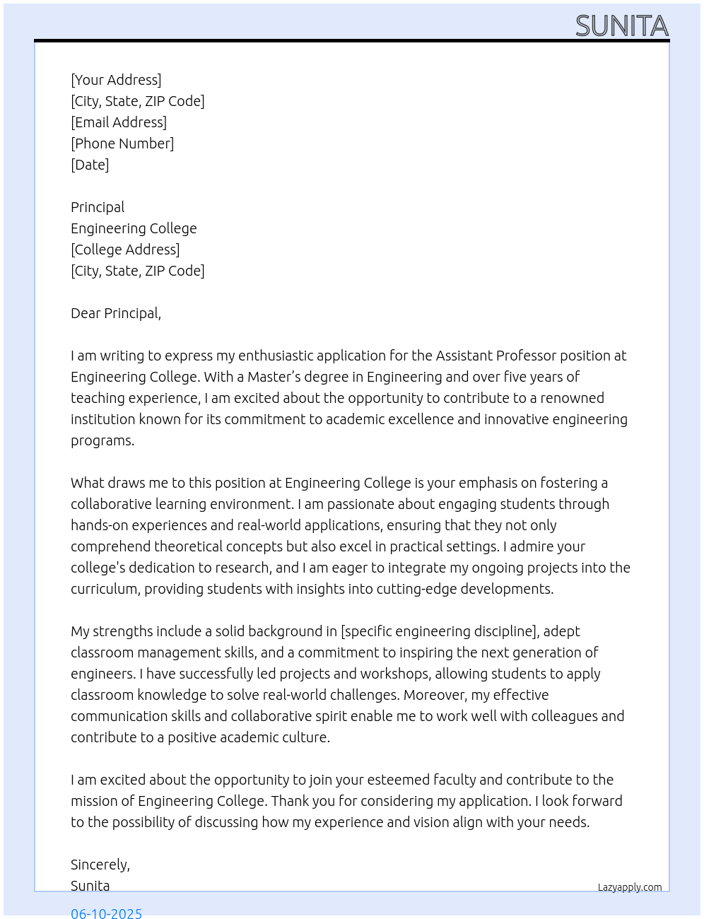 assistant professor At engineering college Cover Letter