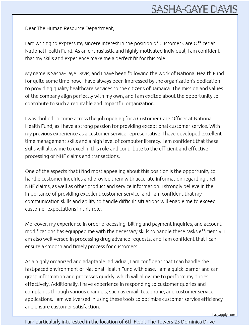 Customer Care Officer At National Health Fund Cover Letter