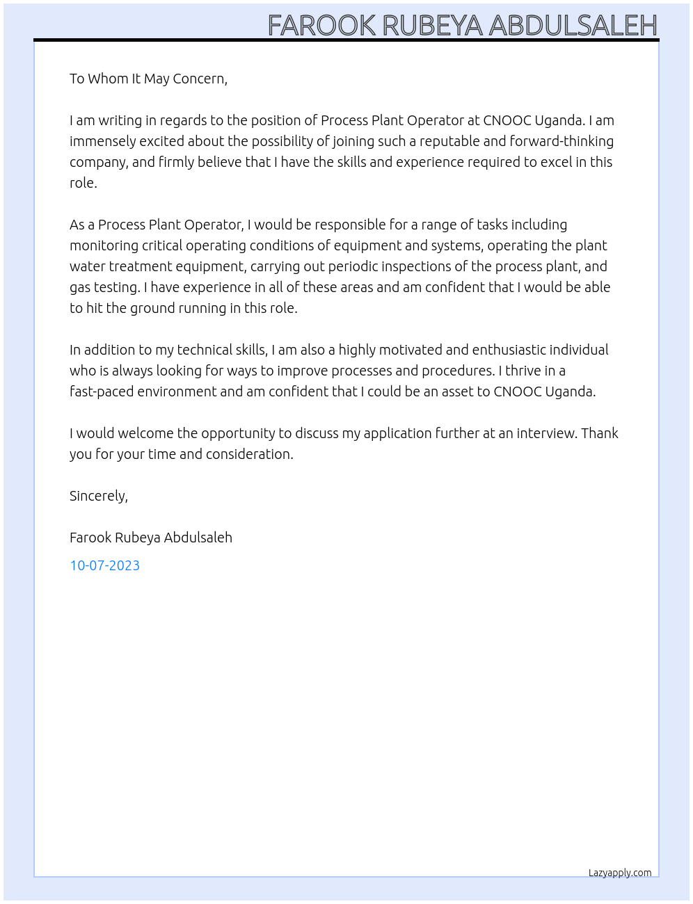 Process Plant Operator At CNOOC Uganda Cover Letter