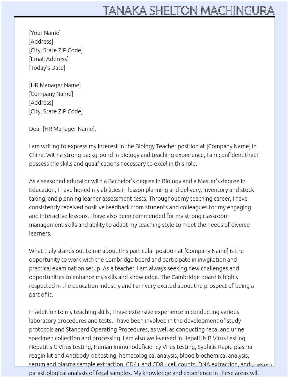 Biology Teacher At china Cover Letter