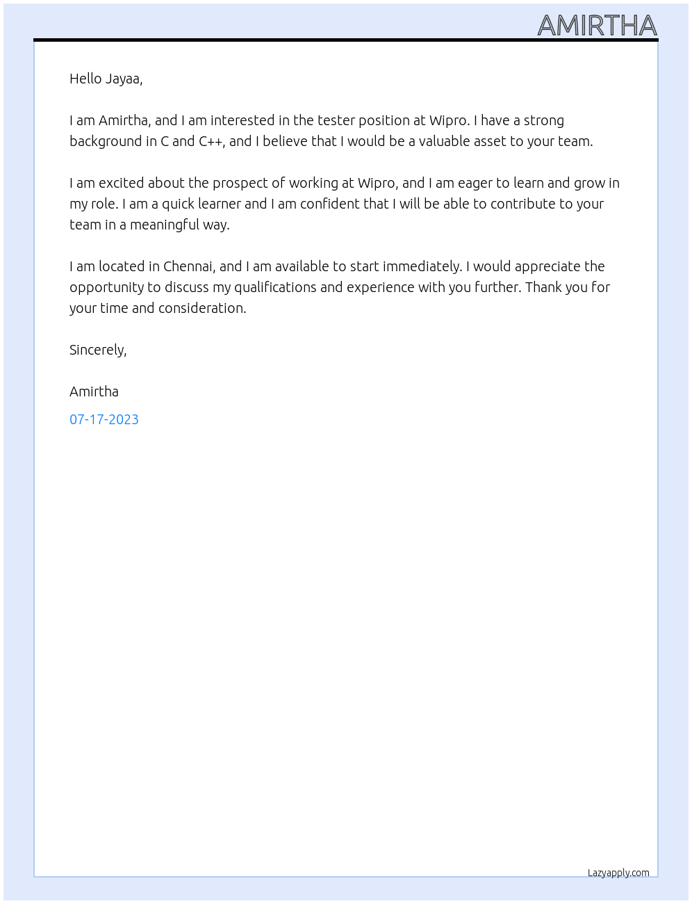 tester At wipro Cover Letter