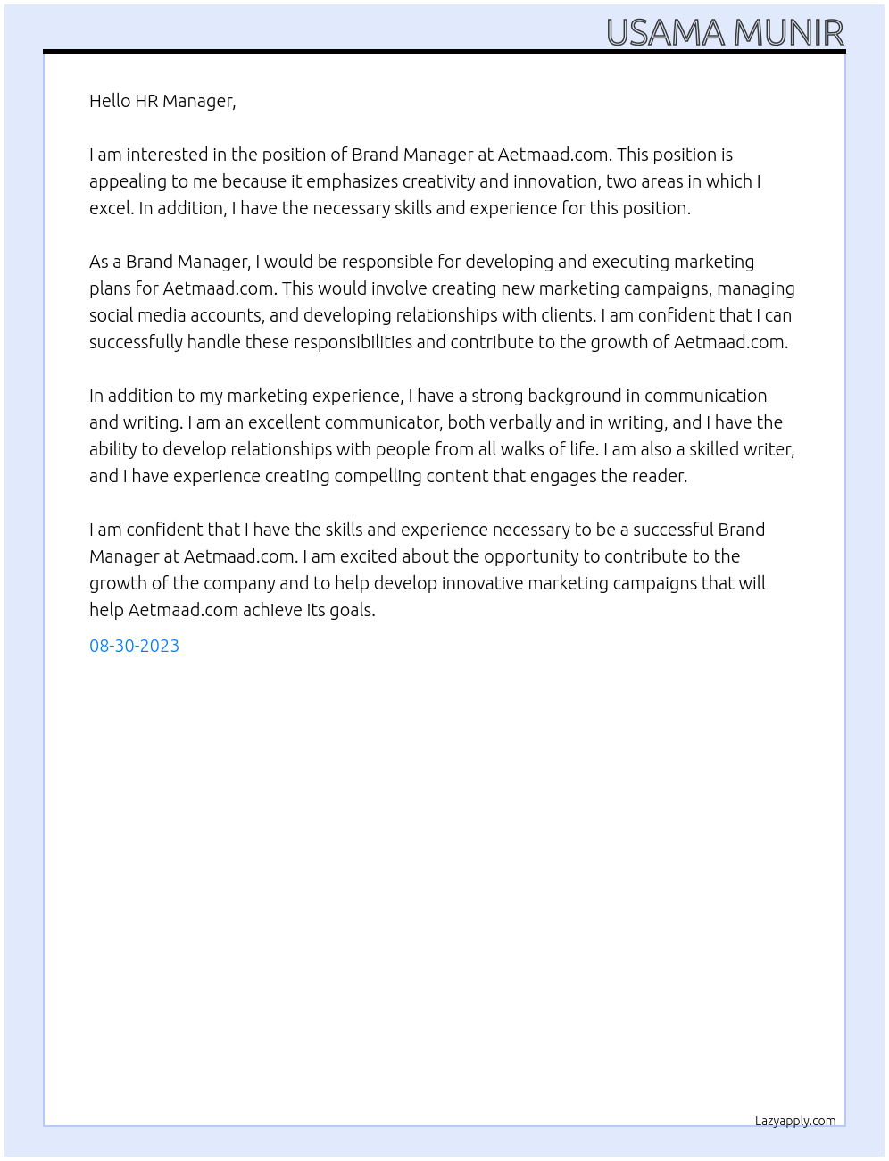 Brand Manager At Aetmaad.com Cover Letter