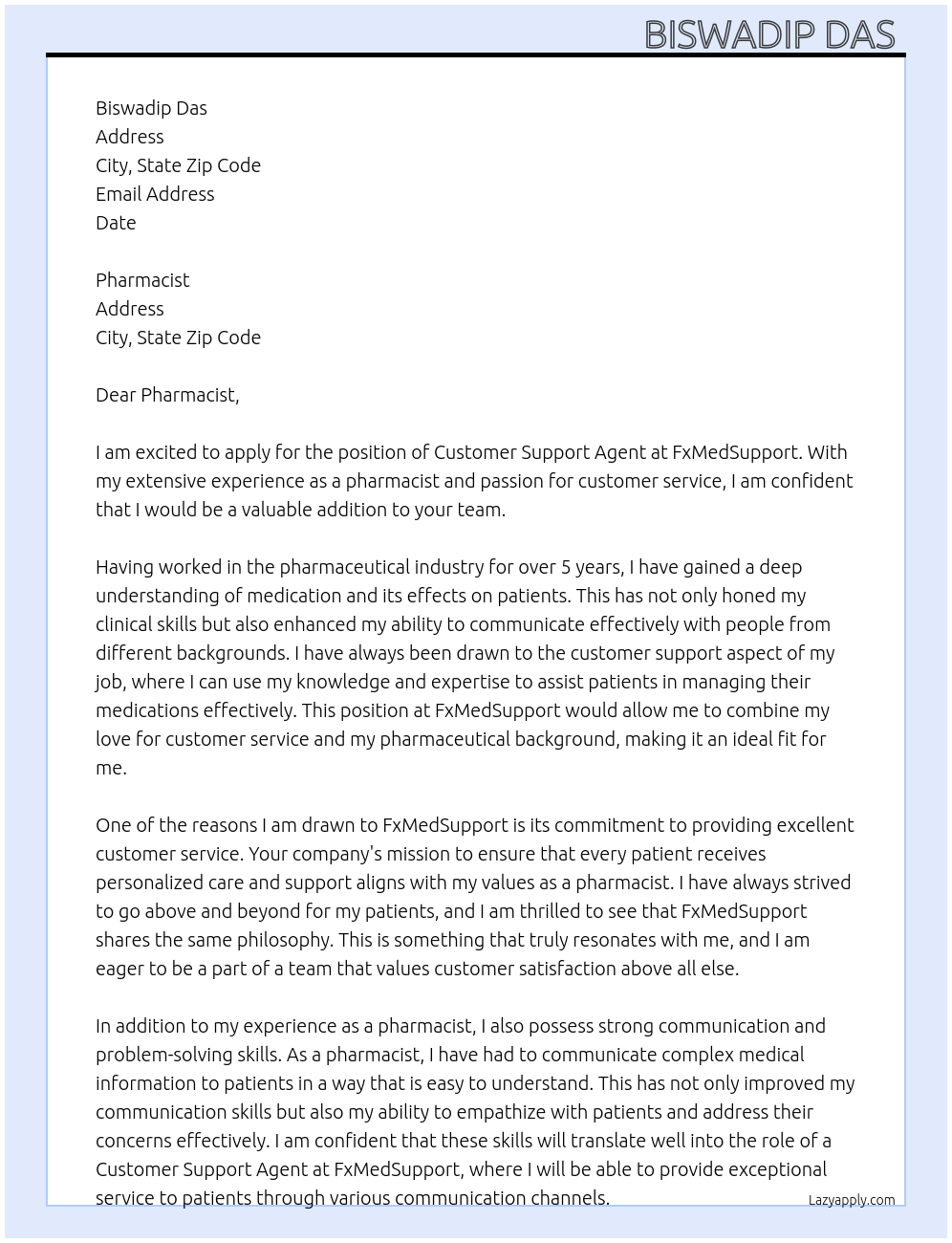 Customer Support Agent At FxMedSupport Cover Letter