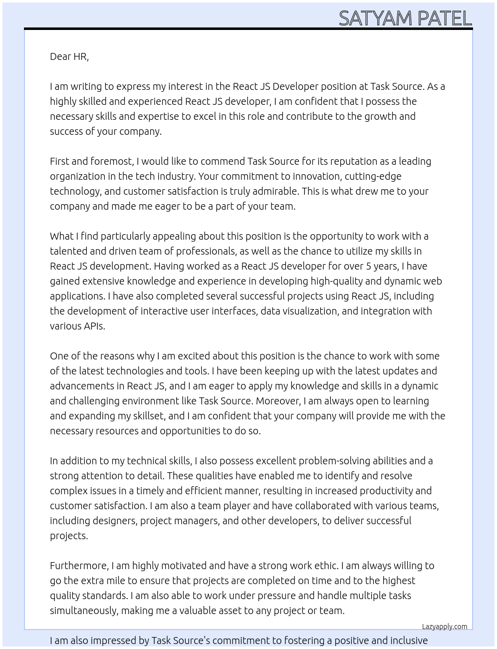 React JS Developer At Task Source Cover Letter