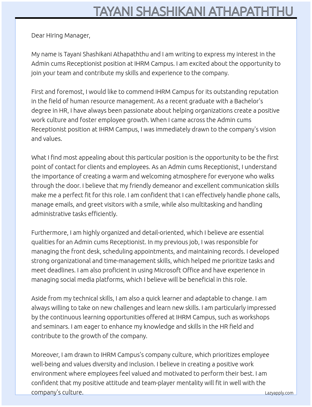 Admin cums receptionist  At IHRM Campus  Cover Letter