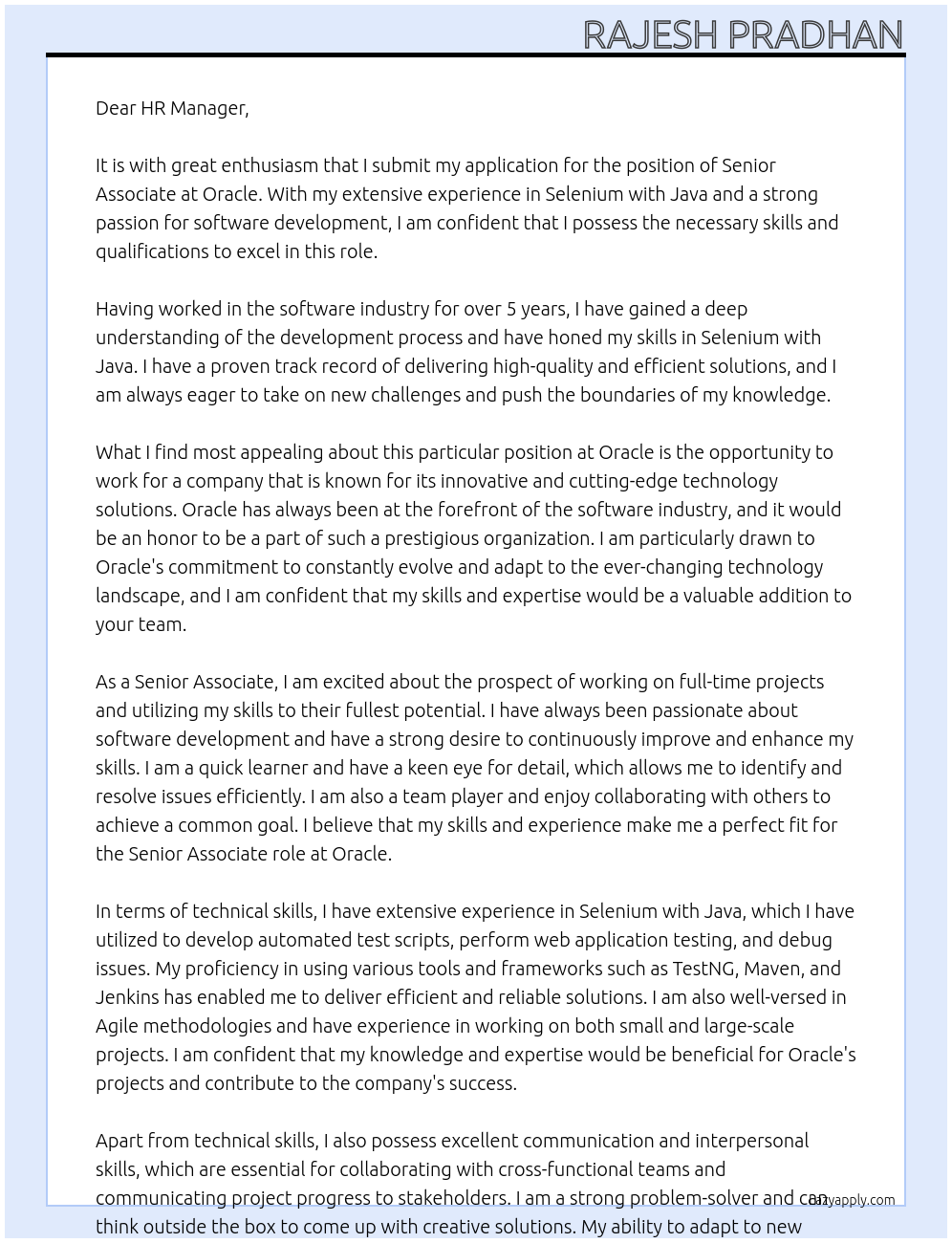 Senior Associate At Oracle Cover Letter