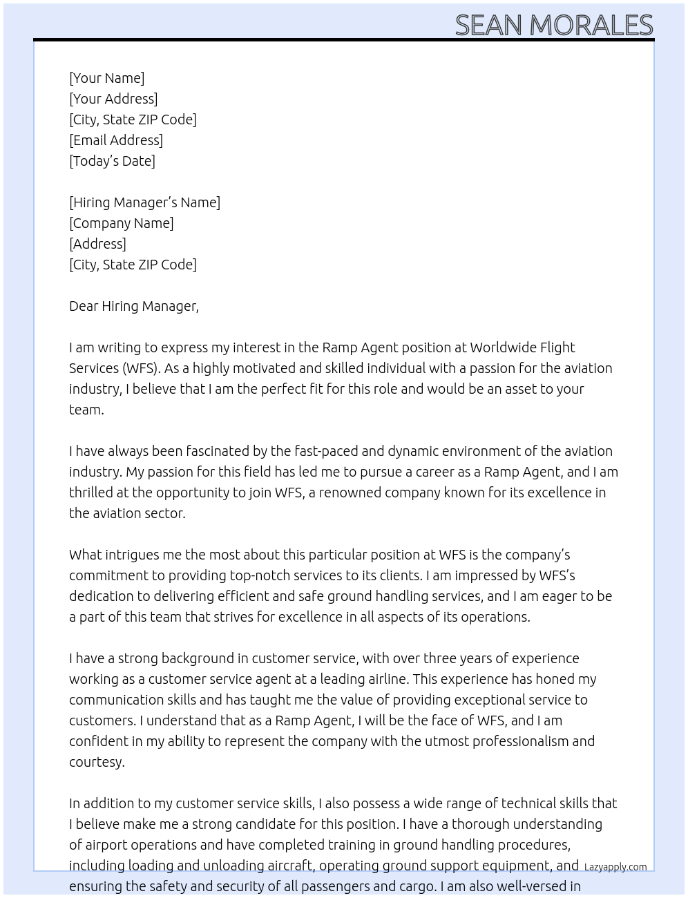 Ramp Agent At Worldwide Flight Services (WFS) Cover Letter