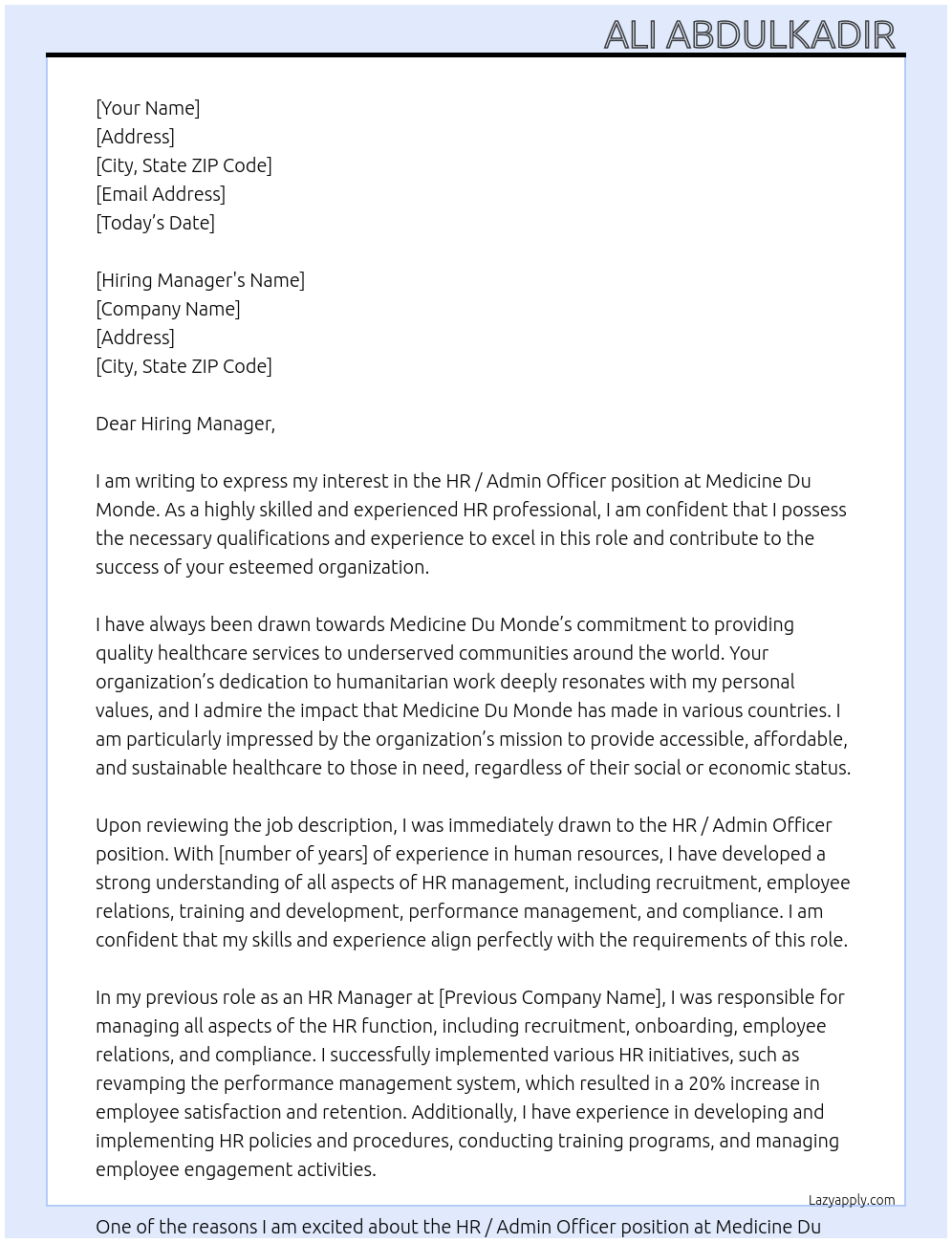 HR / Admin Officer  At Medicine Du Monde  Cover Letter