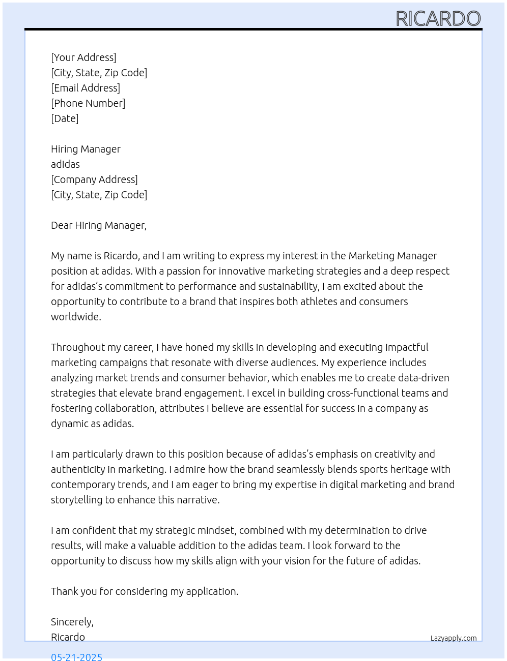 marketing manager At adidas Cover Letter