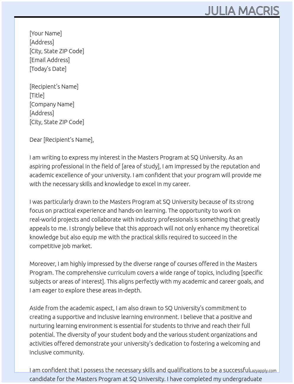 MASTERS PROGRAM At SQ university Cover Letter