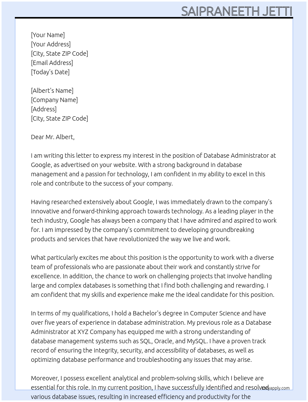 Database Administrator At google Cover Letter