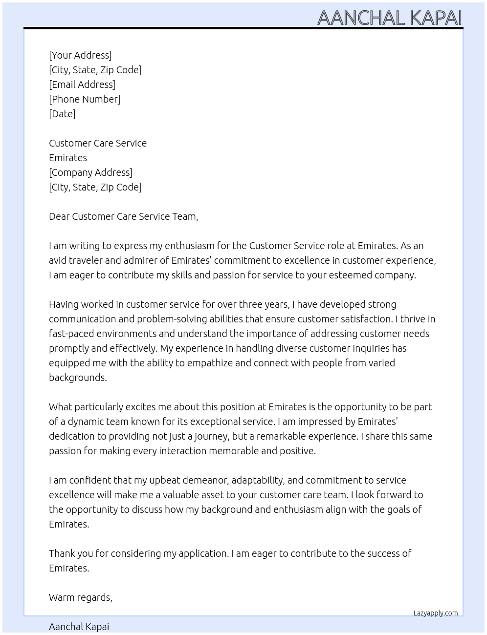 Customer service role At Emirates Cover Letter