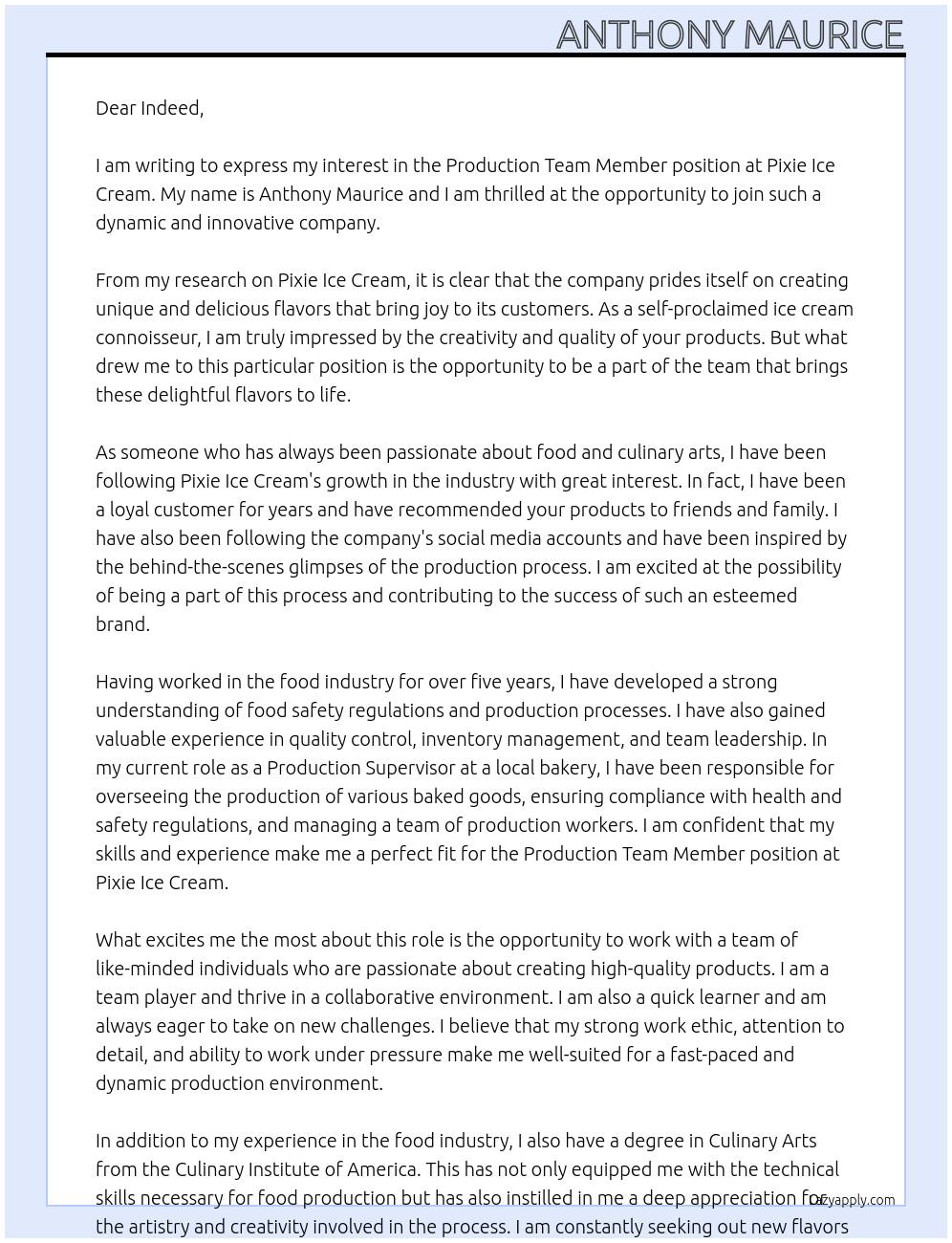 Cover letter for production team member - LazyApply