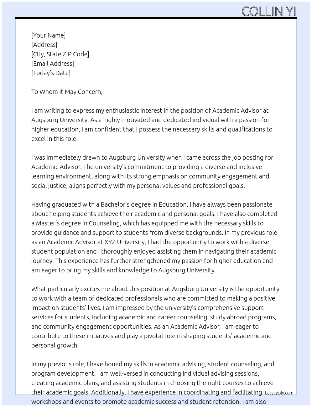 Academic Advisor At Augsburg University Cover Letter