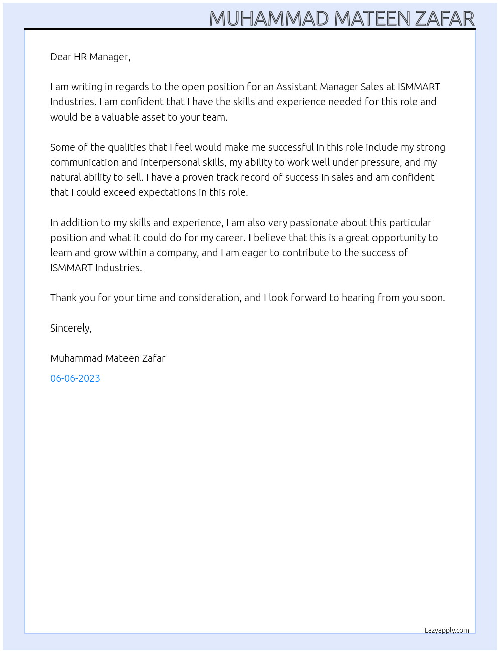 Assistant Manager Sales At ISMMART Industries Cover Letter