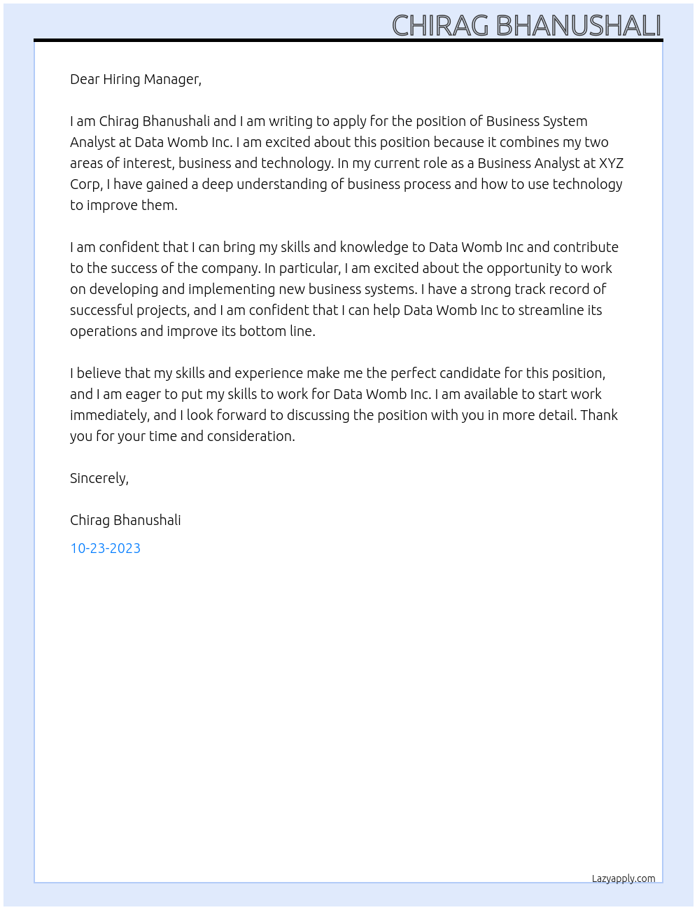 Business System Analyst At Data Womb Inc Cover Letter