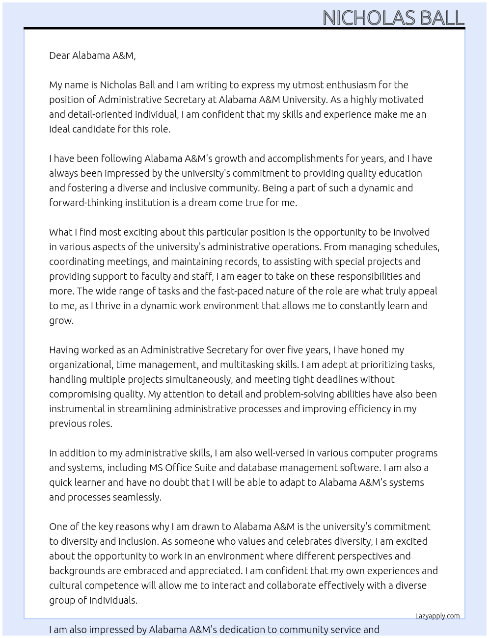 Administrative Secretary At Alabama A&M University Cover Letter