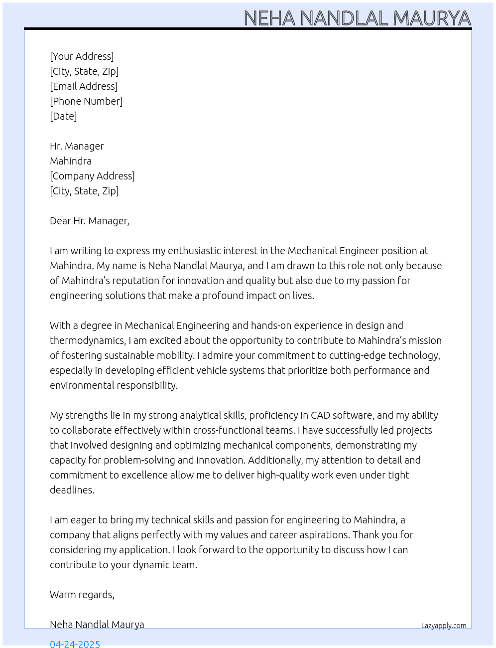 Mechanical engineer At Mehindra Cover Letter