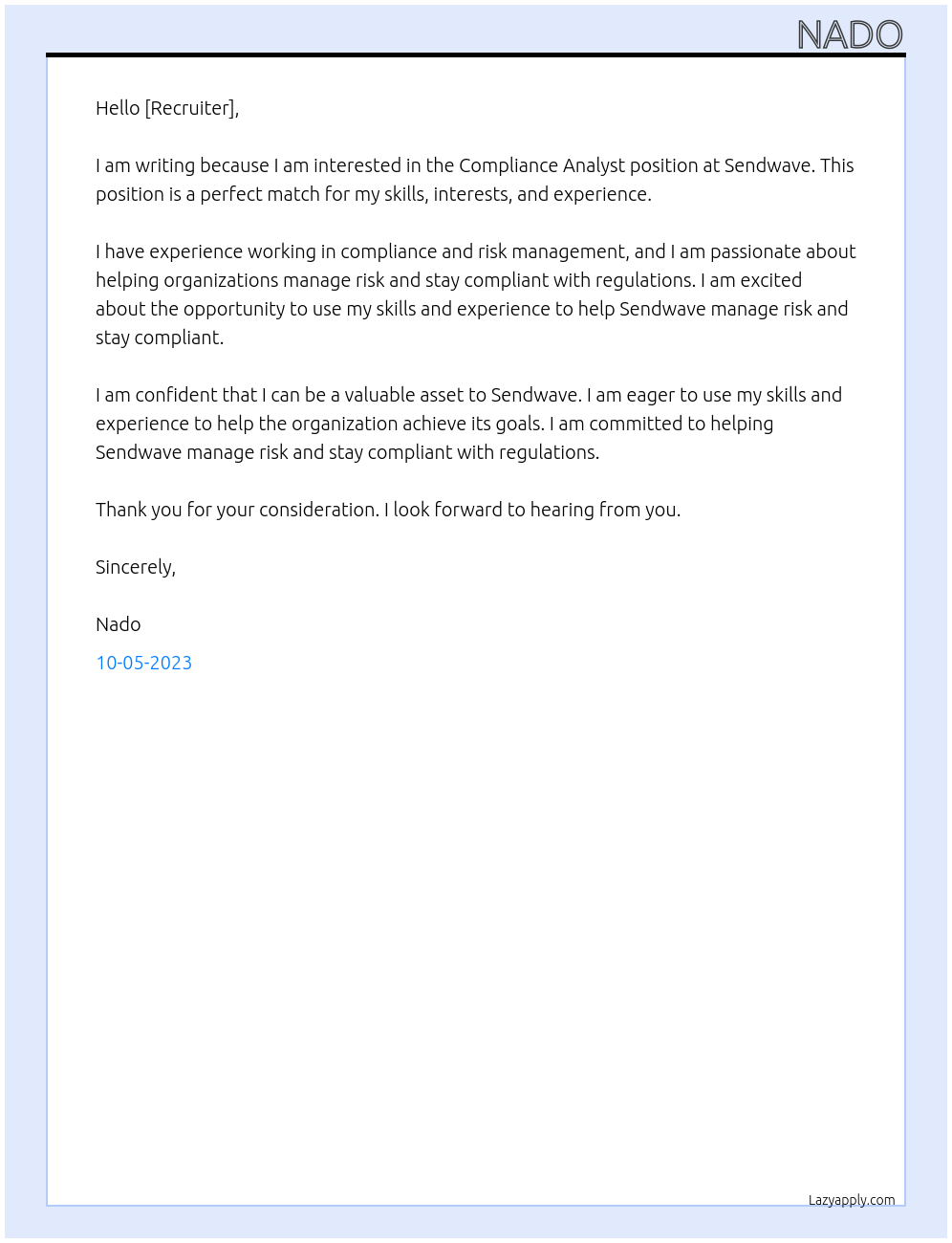 Compliance Analyst At Sendwave Cover Letter