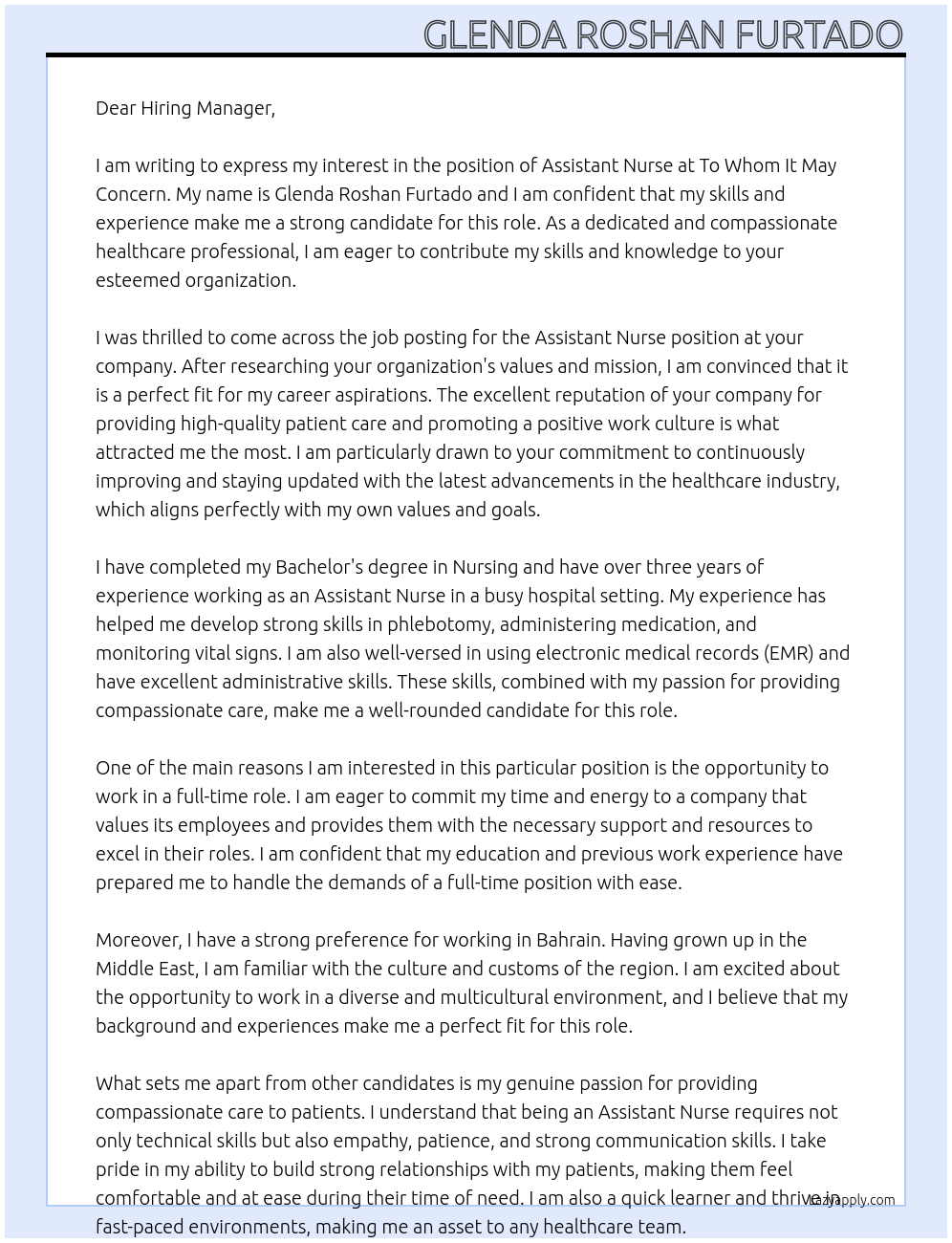 Assistant Nurse At To Whom It May Concern Cover Letter