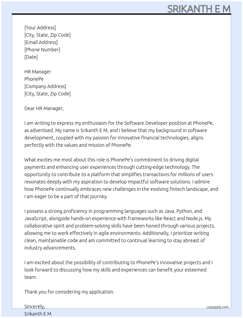 software developer At phonepe Cover Letter