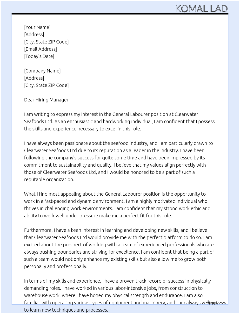 General Labourer At Clearwater Seafoods Ltd Cover Letter