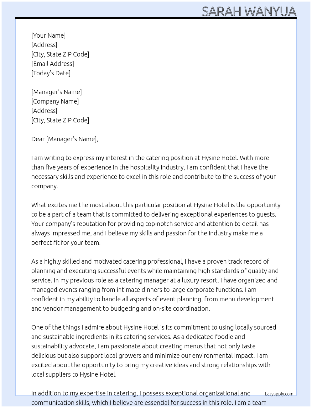 catering At hysine hotel Cover Letter